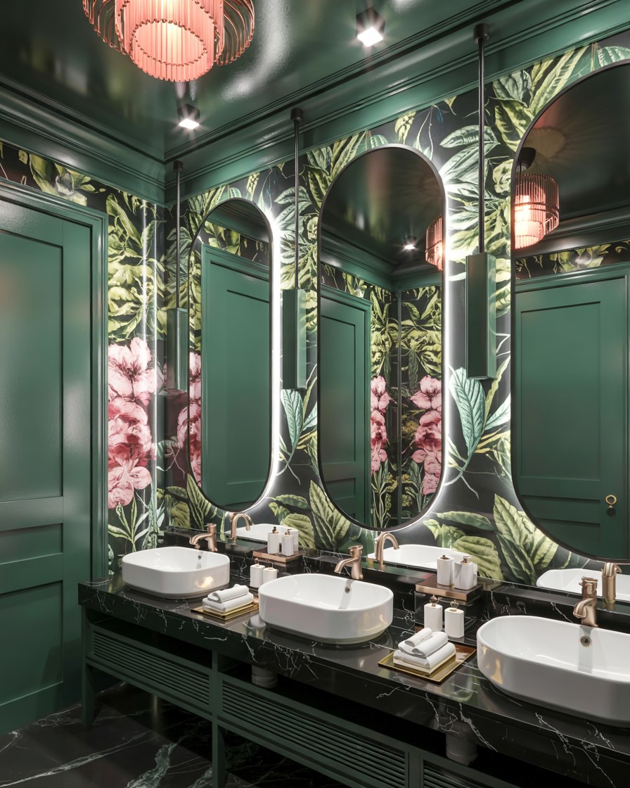 Luxury Bathroom Design with Pink Murano Glass Chandeliers and Botanical Wallpaper