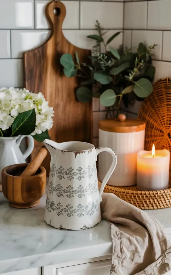 Vintage Ceramic Pitcher with Hydrangeas - English Cottage Kitchen Decor