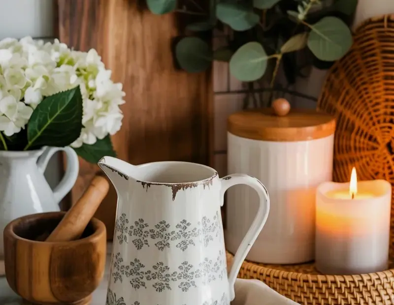 Vintage Ceramic Pitcher with Hydrangeas - English Cottage Kitchen Decor