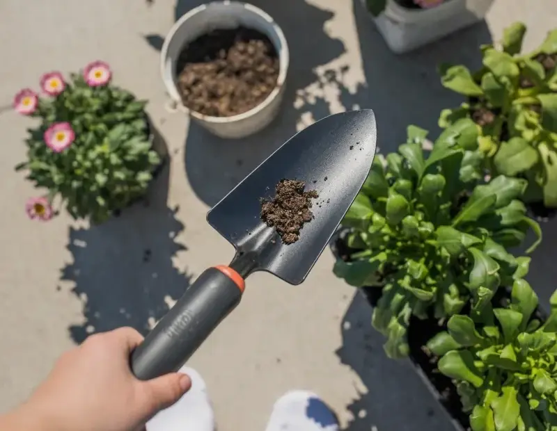 Spring Gardening Setup with Potted Flowers on Concrete Patio