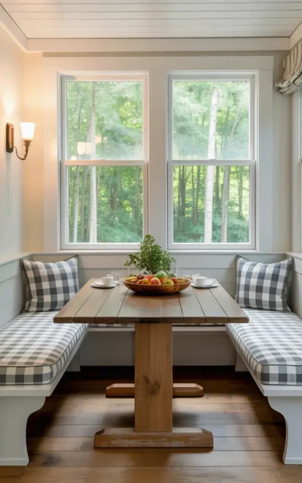 Bright Breakfast Nook Decor with Buffalo Check Bench Seating | Cottage Style Ideas with a Forest View