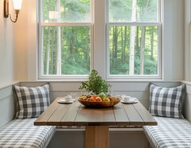 Bright Breakfast Nook Decor with Buffalo Check Bench Seating | Cottage Style Ideas with a Forest View
