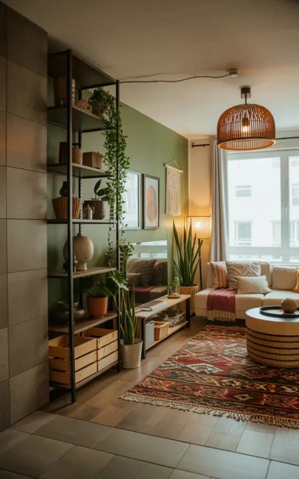 Before and after: adding a black metal plant shelf totally changed my boho living room