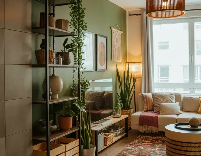 Before and after: adding a black metal plant shelf totally changed my boho living room