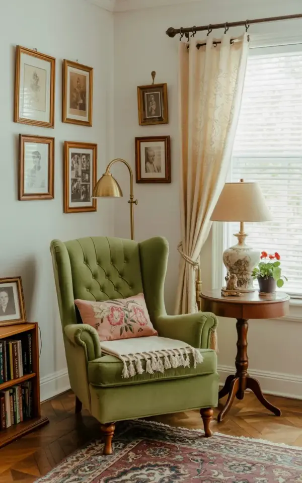 Sage Green Velvet Wingback Chair in a Cozy Traditional Reading Nook