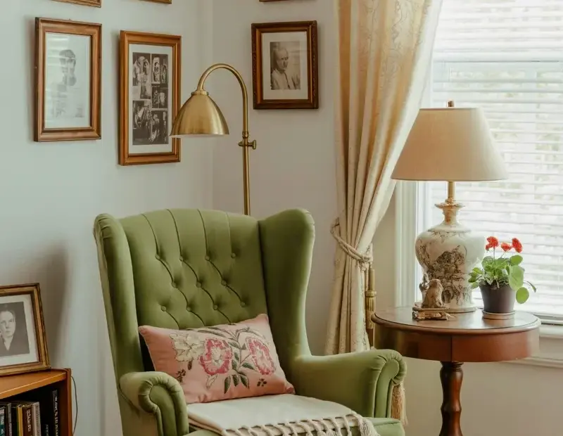 Sage Green Velvet Wingback Chair in a Cozy Traditional Reading Nook