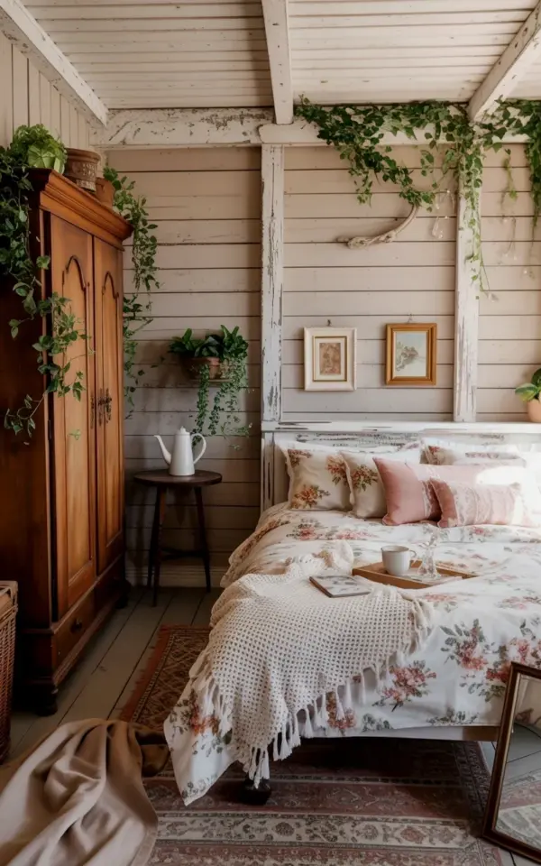 Cottage Bedroom with White Beams and Vintage Armoire Charm