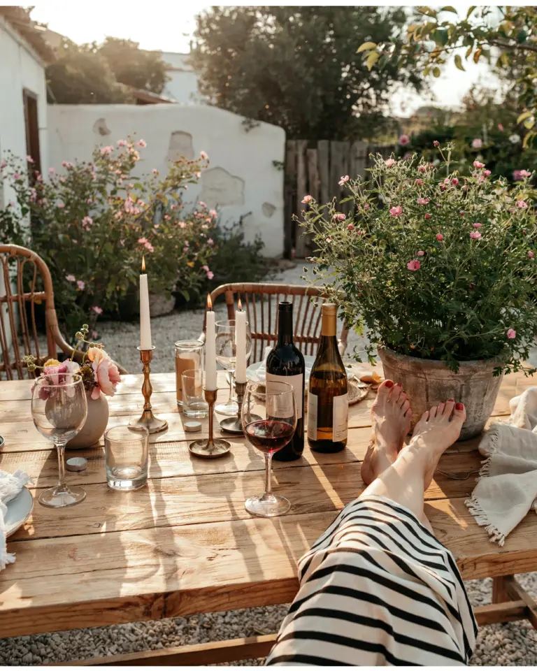 Cottage Backyard Decor: Black and White Striped Accents for a Nancy Meyers Summer