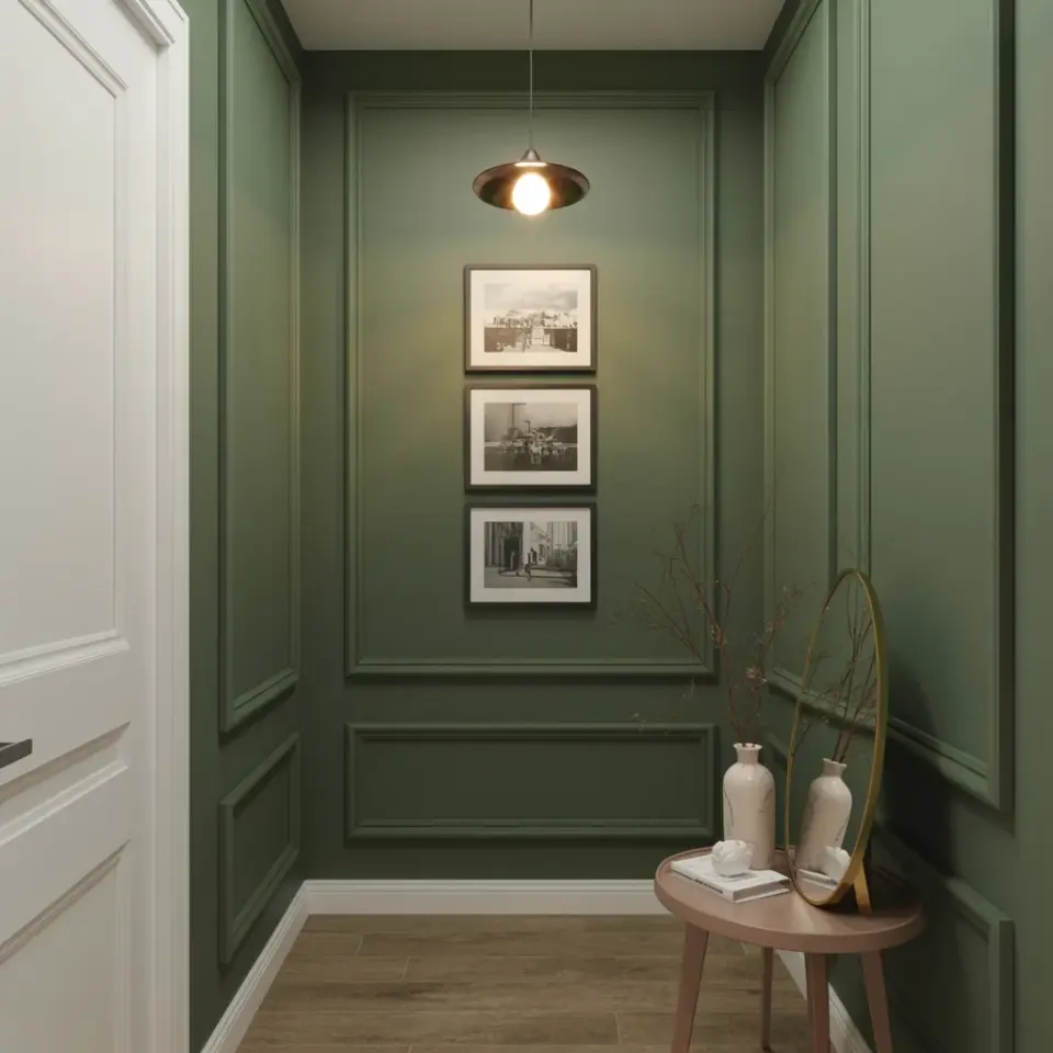 Cottage hallway gallery wall | black and white framed art with soft lighting | Nancy Meyers inspired