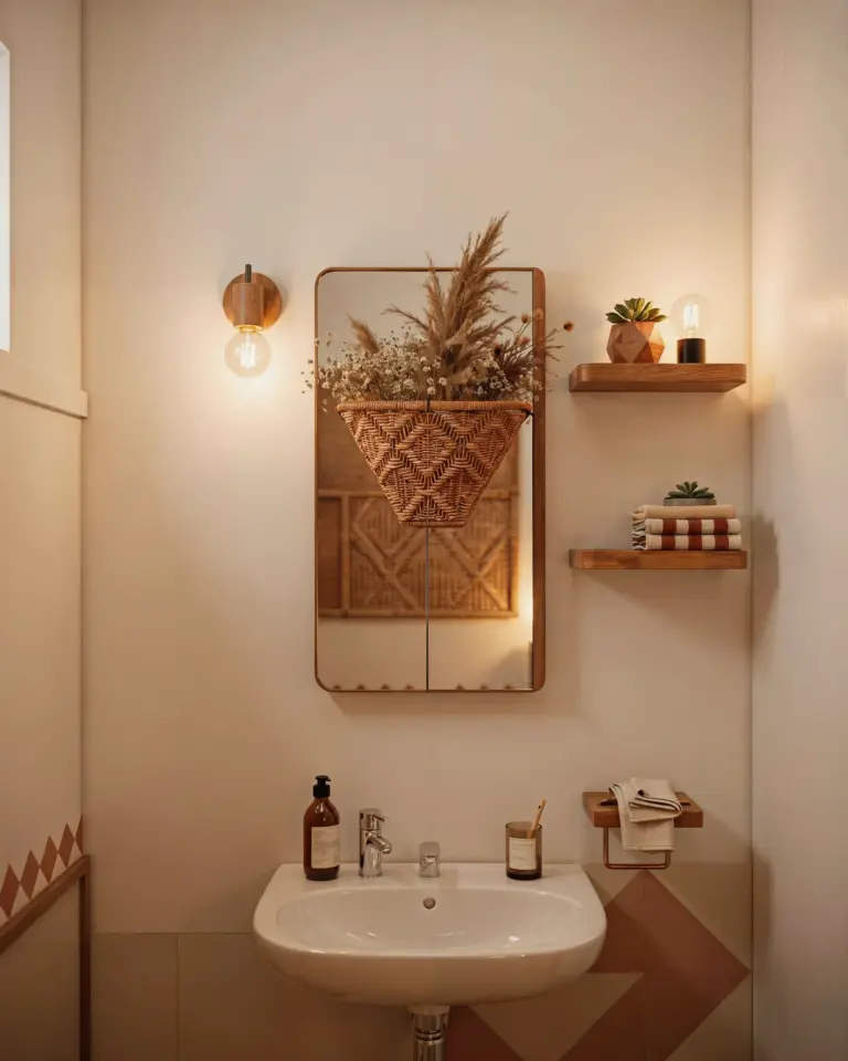 Wicker Basket Bathroom Styling | Soft Cottage Floral Vignette | Nancy Meyers Inspired Cozy Home