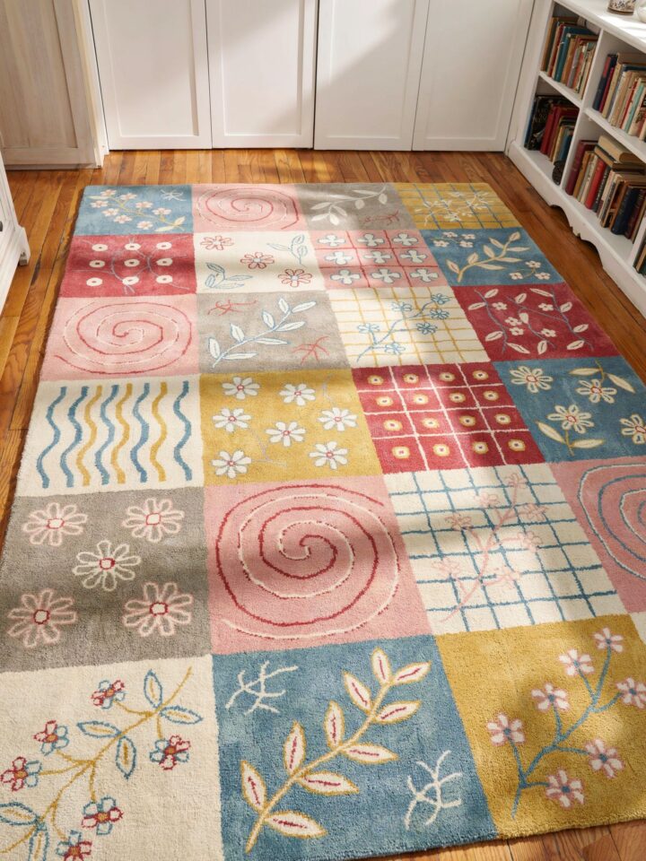 Handmade Pink Wool Rug for Cottage Style Kids Room | Soft Pastel Patchwork Design | Cozy Farmhouse Bedroom Decor