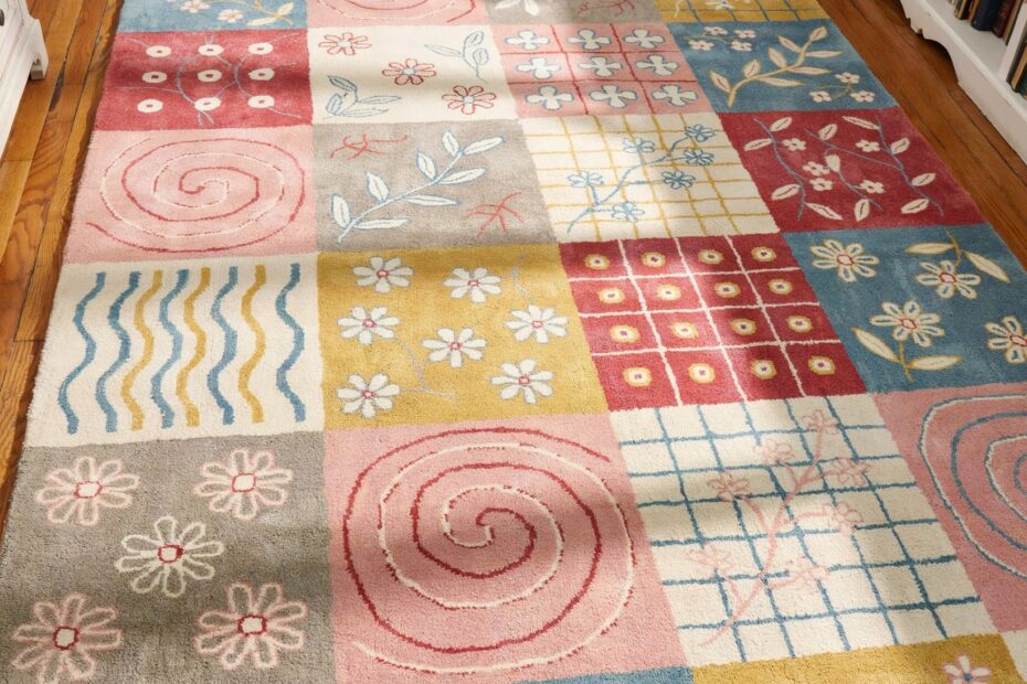 Handmade Pink Wool Rug for Cottage Style Kids Room | Soft Pastel Patchwork Design | Cozy Farmhouse Bedroom Decor