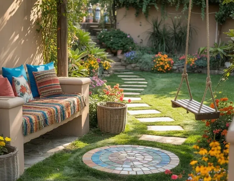 How to Style a Bohemian Garden Pathway with a Stone Bench and Colorful Pillows