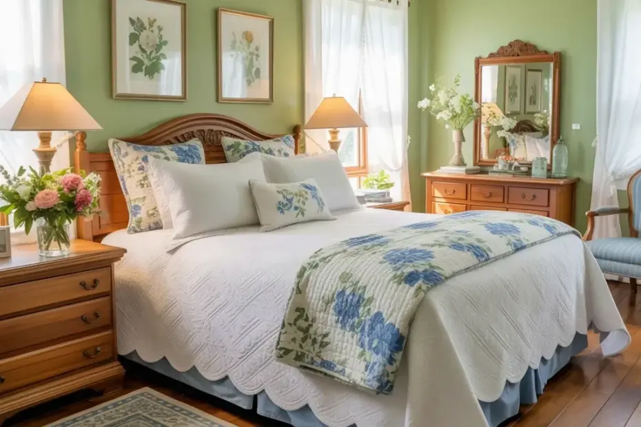 Budget Sage Green Bedroom Decor: Carved Bed, Floral Pillows & Vintage Rug