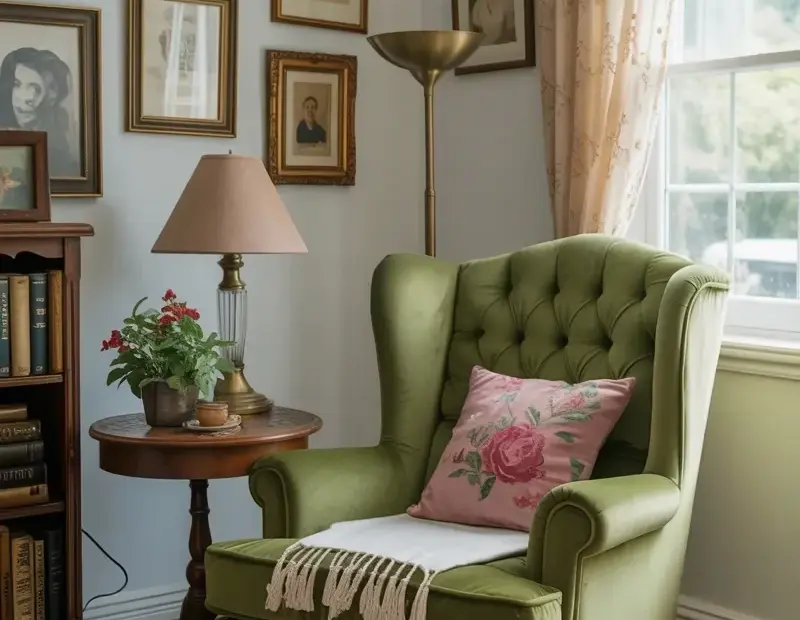 Cozy reading nook on a budget – this sage green chair is the star!