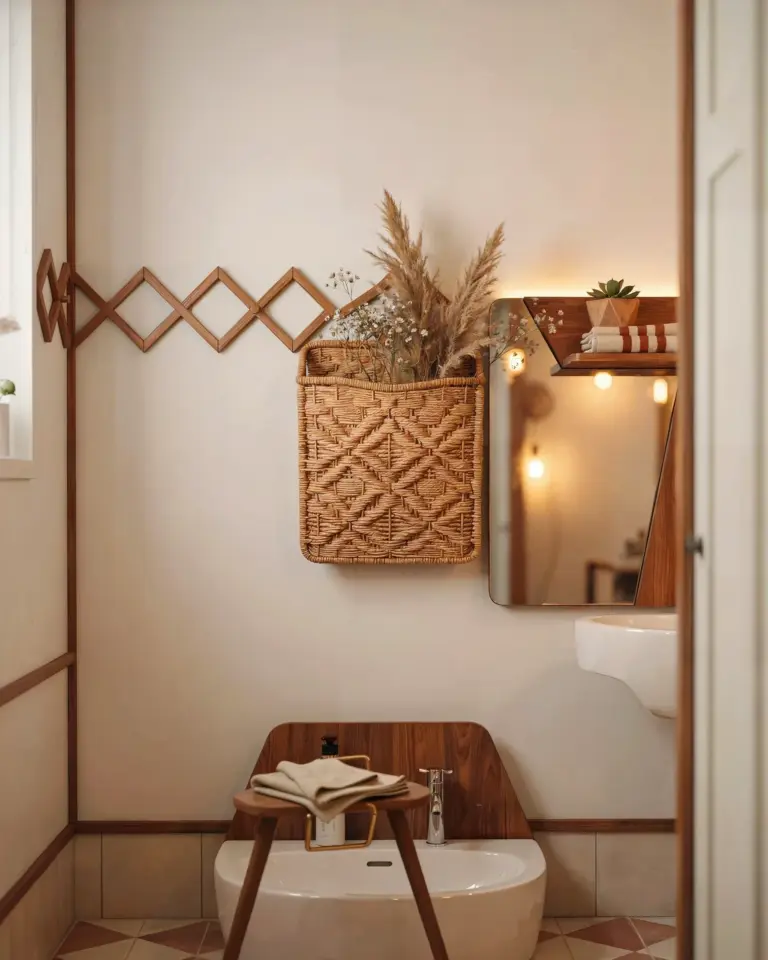 Cottage Bathroom Vignette with Wicker Basket Florals for Spring