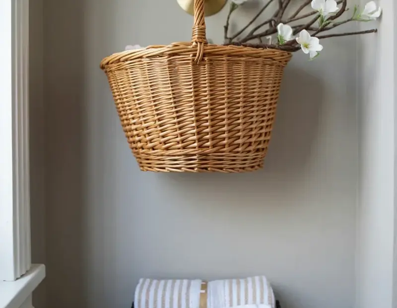 Cottage Bathroom Decor Idea: Wicker Basket Wall Styling with Dogwood