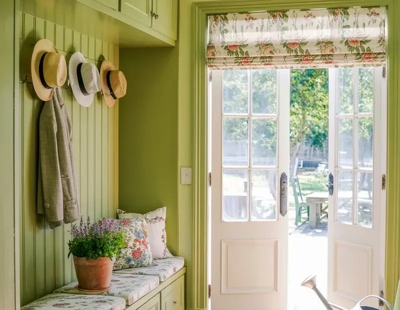 Budget Mudroom Ideas - Sage Green Built-Ins, Floral Bench & Terracotta Tile