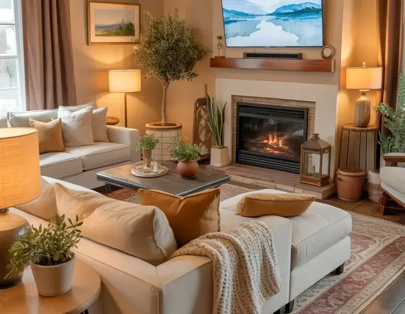 Cozy Living Room Decor: Cream Sectional, Vintage Rug & Brass Chandelier