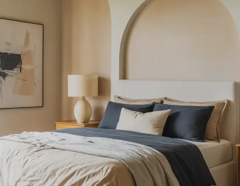 Cozy Modern Bedroom Ideas: Arched Walls, Rattan Pendant, Navy Bedding