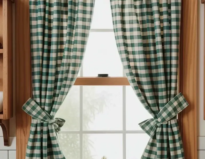 English Cottage Kitchen Window with Ruffled Green Gingham Curtains