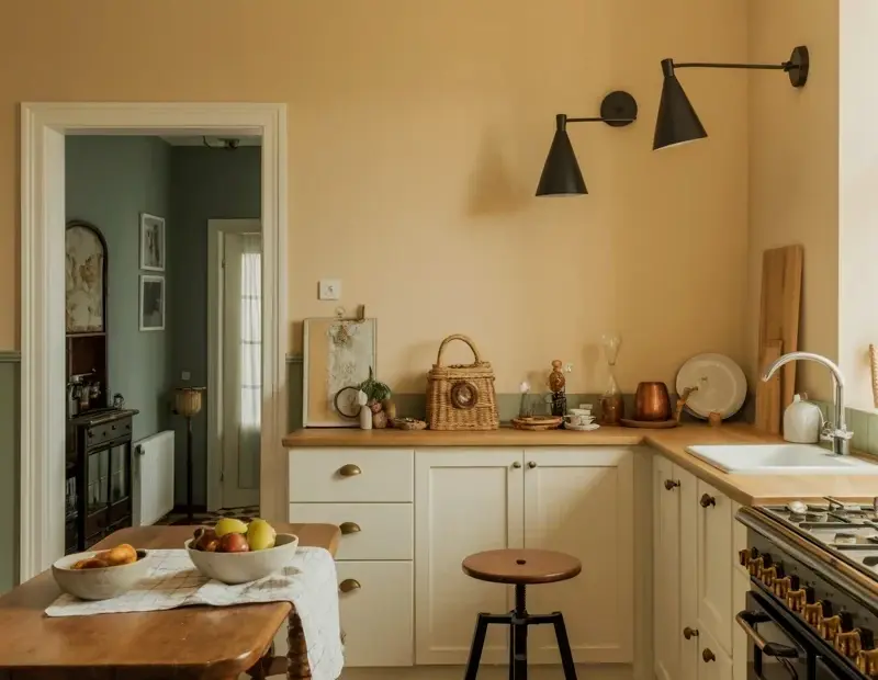 Cozy Cottage Kitchen with Checkered Tile Floor and Brass Knob Cabinets