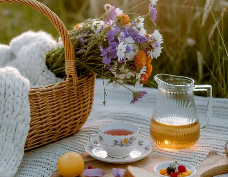 Golden hour picnic setup with fresh bread, berries & wildflowers