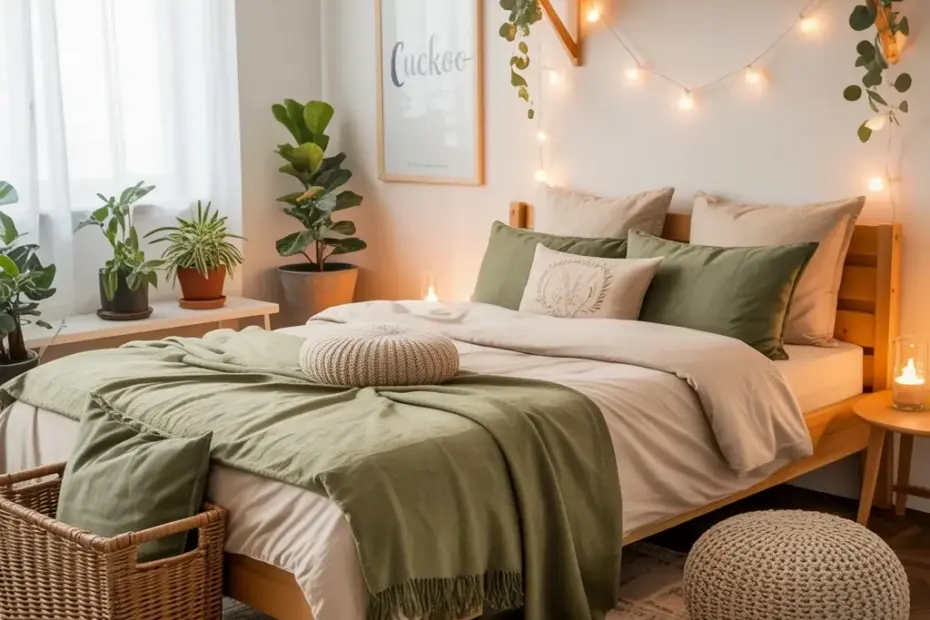Cozy Fall Bedroom Decor Ideas with Wooden Bed and Sage Green Bedding