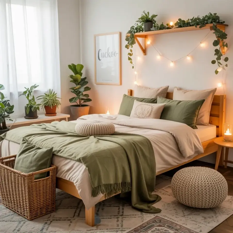 Cozy Fall Bedroom Decor Ideas with Wooden Bed and Sage Green Bedding