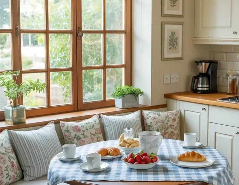 Spring Breakfast Nook Ideas for a Bright Kitchen | Built-In Banquette with Blue Pillows